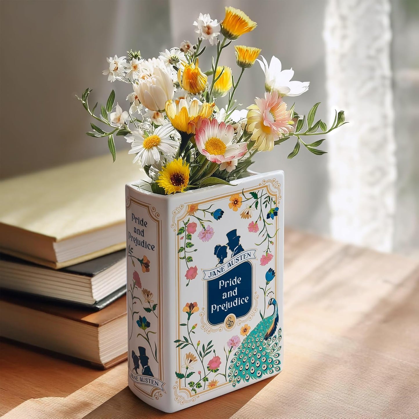 H&H Pride and Prejudice Book Vase For Flowers - Large Ceramic Book Planter Pot - Jane Austen Bookish Decor - Top #1 Pride and Prejudice Gifts and Book Vases - Bookshelf Vase For Flowers - 2024 Edition