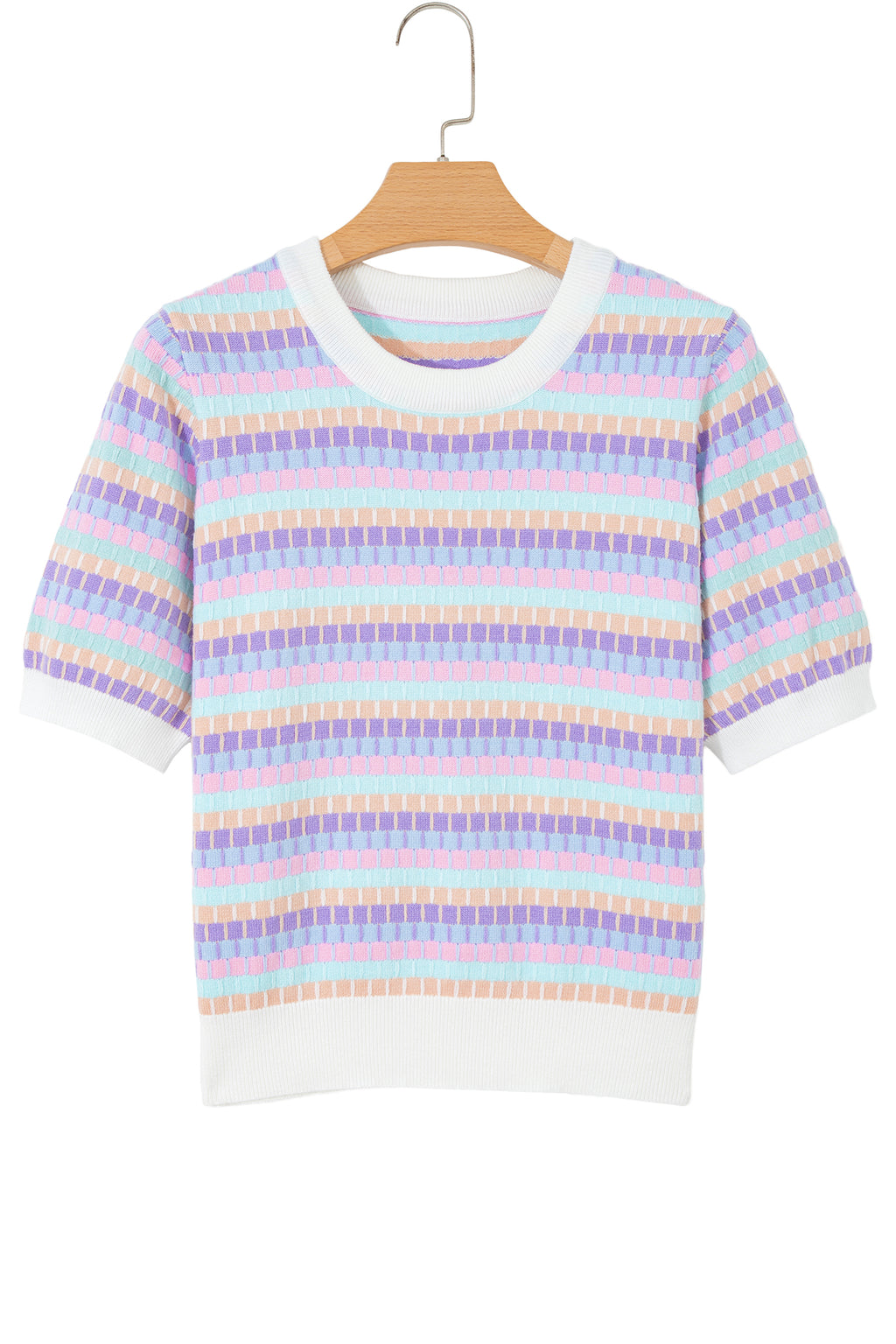 Purple Abstract Striped Knit Short Sleeve Sweater
