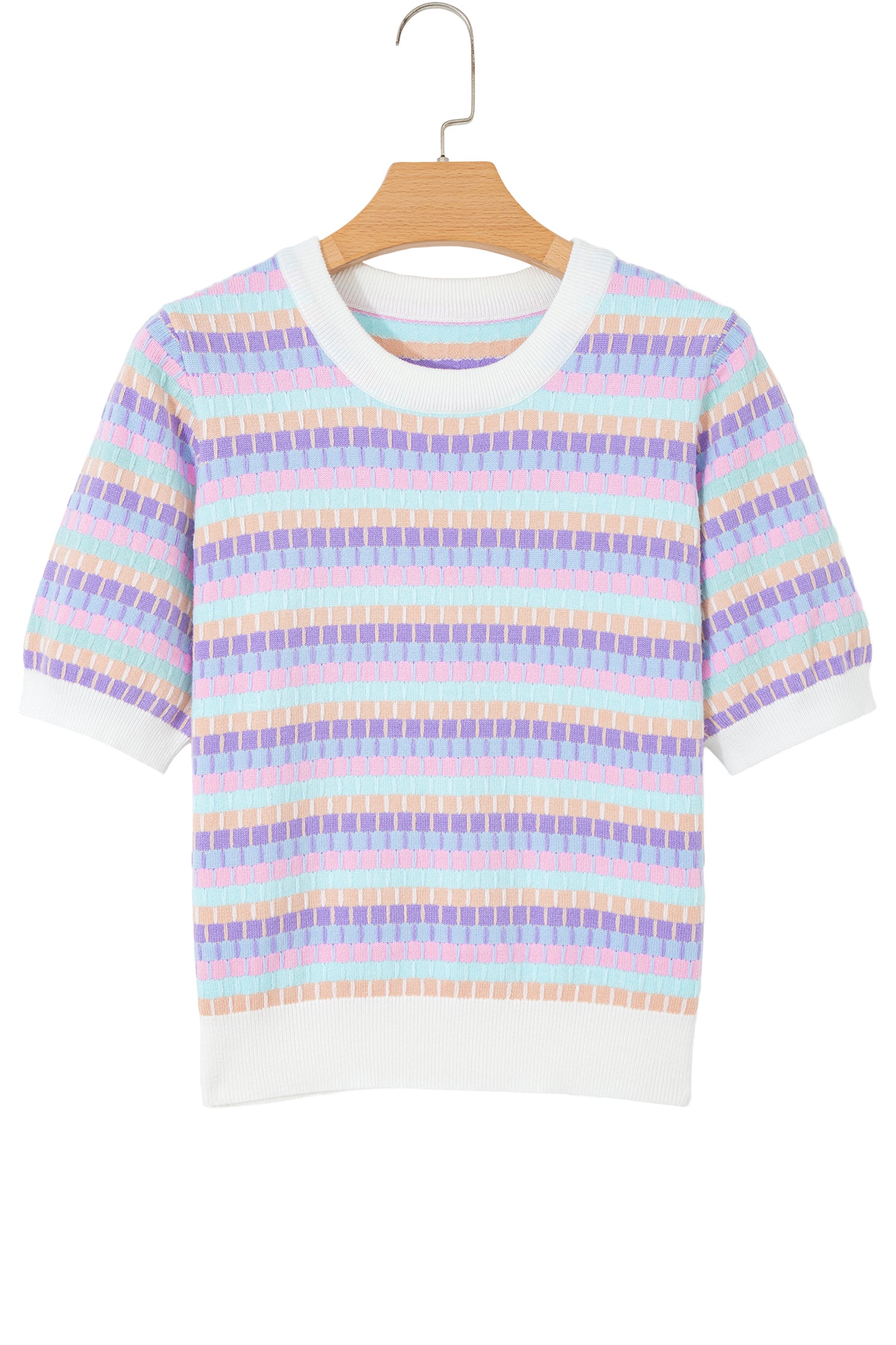 Purple Abstract Striped Knit Short Sleeve Sweater