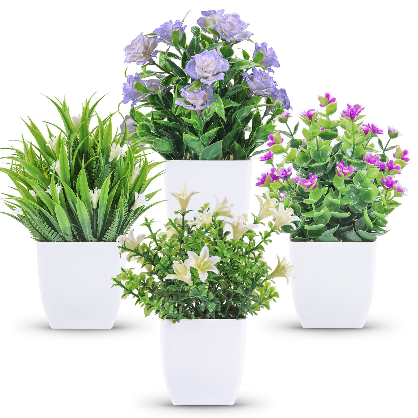 Der Rose 4 Pack Small Fake Plants Mini Artificial Faux Plants with Flowers for Home Room Farmhouse Bathroom Decor Indoor