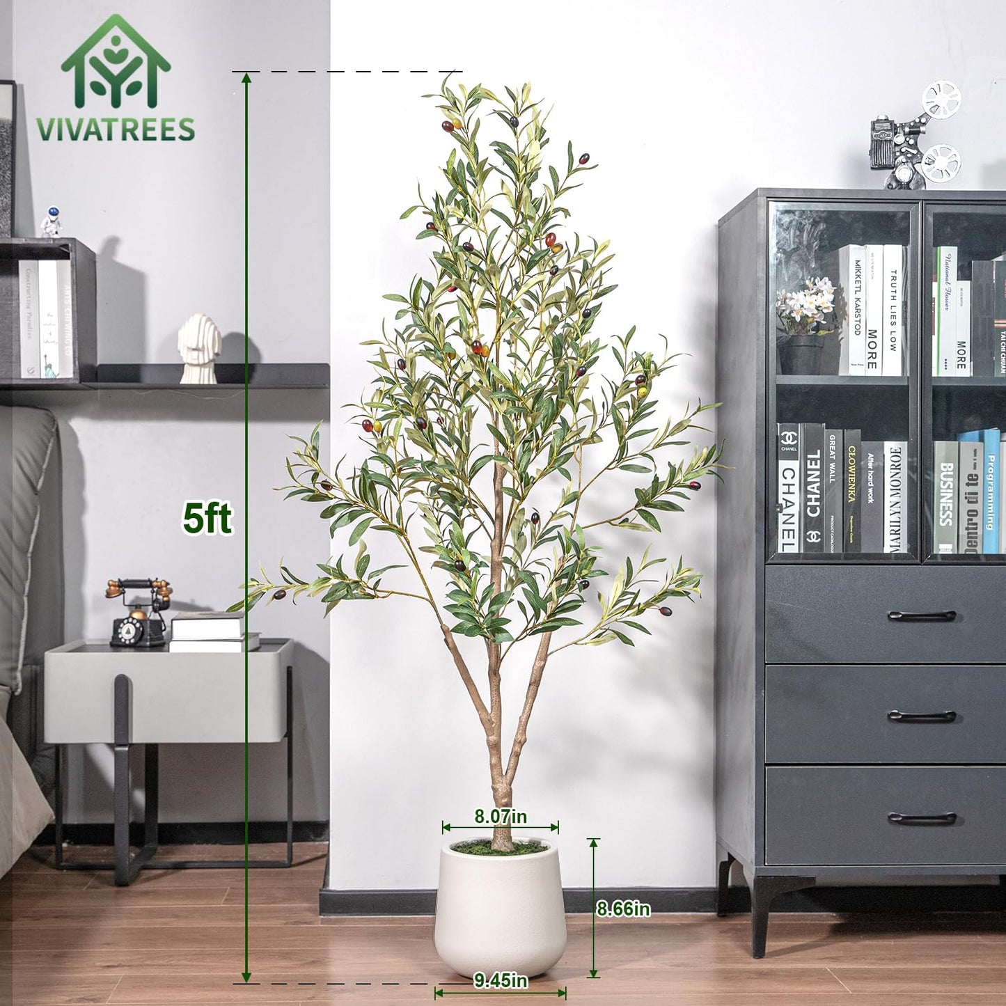 Olive Trees Artificial Indoor, 5FT Tall Faux Olive Tree with White Tall Planter, Artificial Plants with Natural Wood Trunk and Lifelike Fruits for Home Office Decor