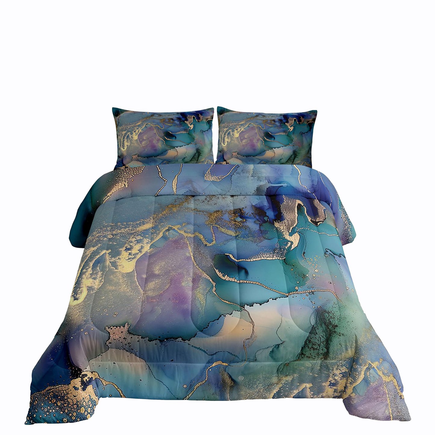 Erosebridal Golden Marble Grain Bedding Set Queen,Gradient Marble Texture Duvet Insert Marble Pattern Printed Abstract Comforter Set Ink Fluid Art Bed Quilt Pastel Purple Teal Green Marble Decor