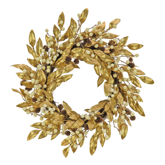 HGTV Home Collection Unlit Artificial Christmas Wreath, Metallic Gold Laurel Leaves, Woven Branch Ring Base, Unlit, 24 Inches