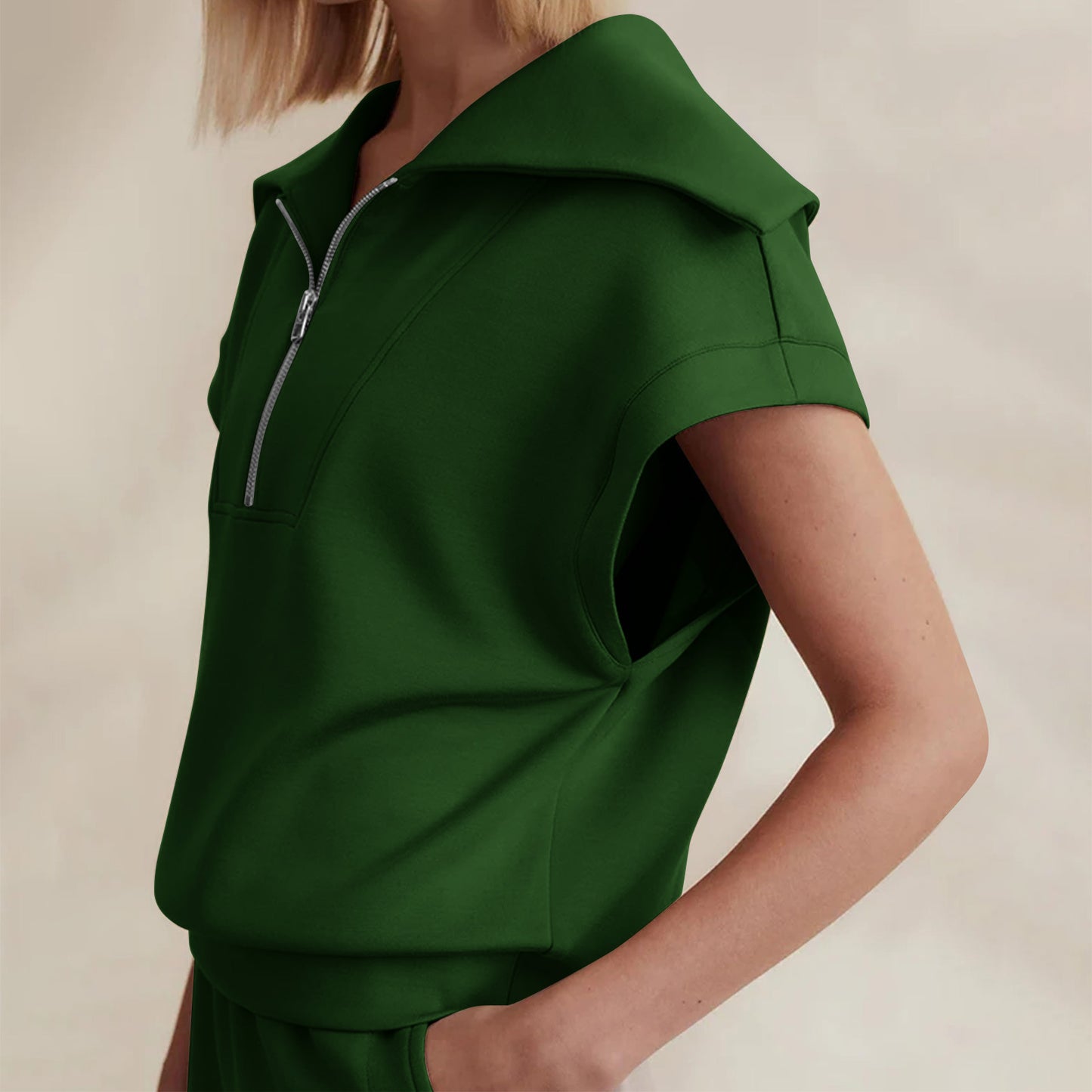Women's Casual Solid Color Half Zipper And Lapel Top Sweatshirt Shorts Sportswear Suit