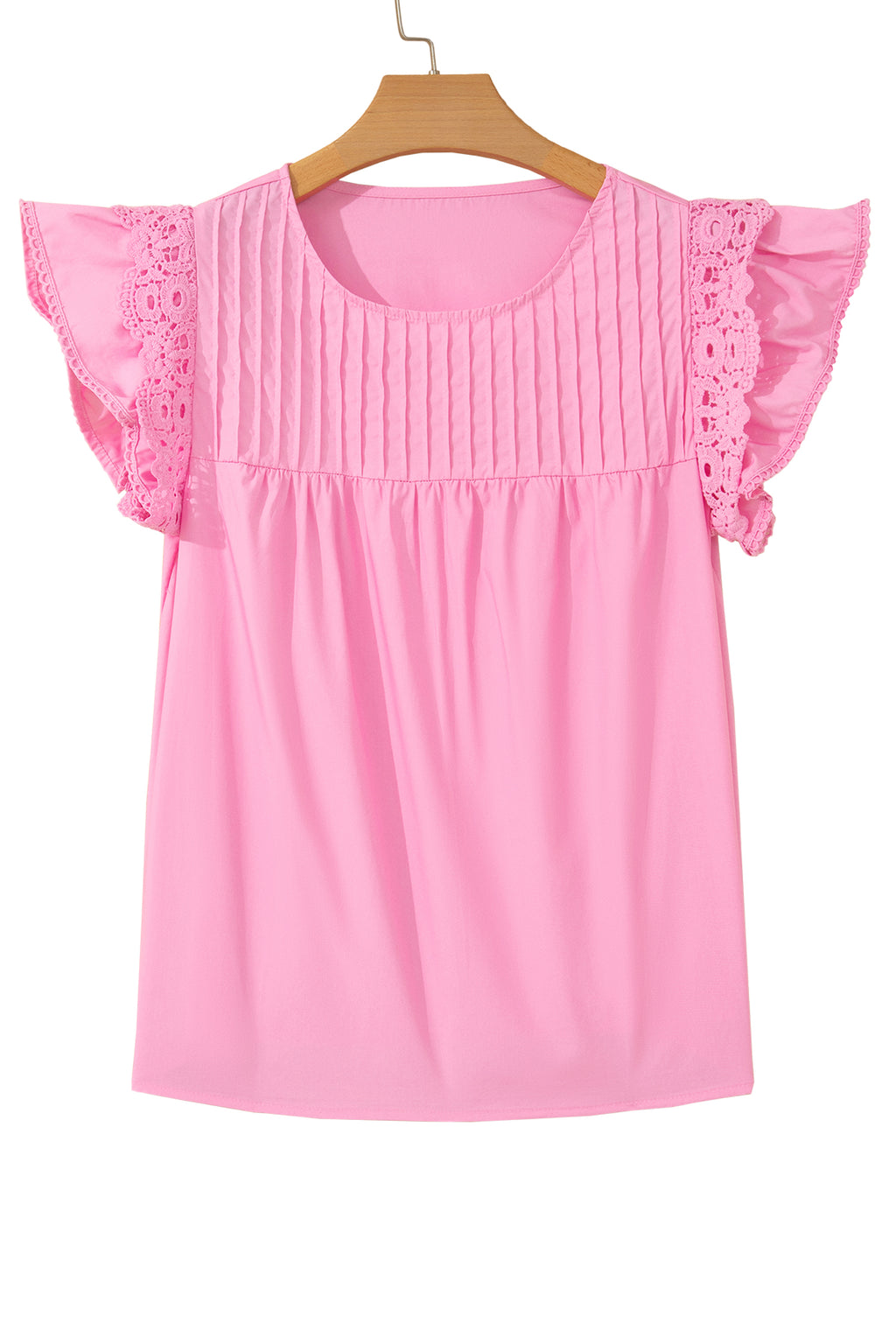 Bonbon Lace Detail Flutter Sleeve Pleated Round Neck Blouse