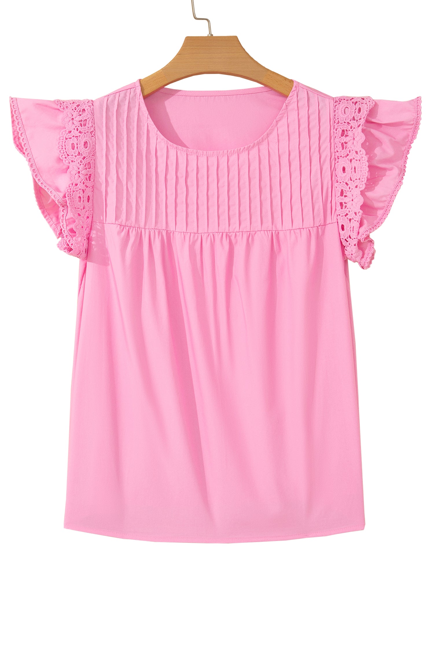 Bonbon Lace Detail Flutter Sleeve Pleated Round Neck Blouse