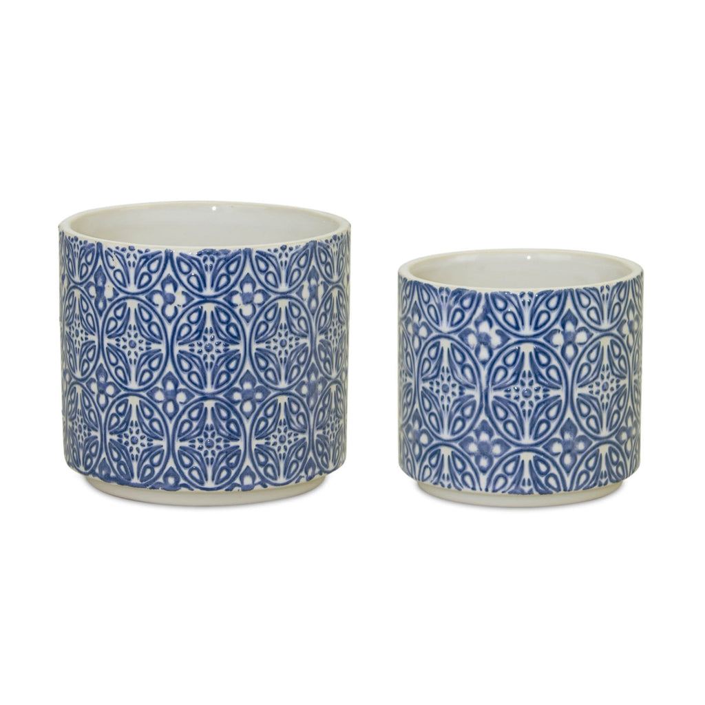 Set of 2 Blue and White Ornamental Ceramic Pots for Farmhouse Home Decor