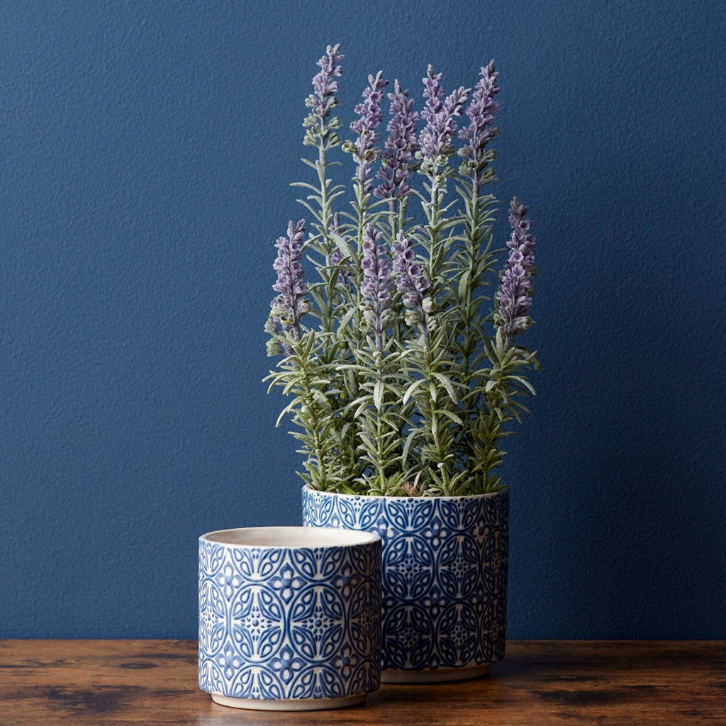 Set of 2 Blue and White Ornamental Ceramic Pots for Farmhouse Home Decor