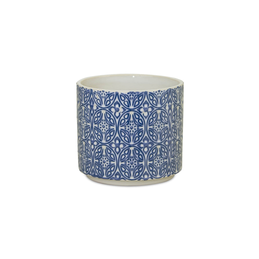 Set of 2 Blue and White Ornamental Ceramic Pots for Farmhouse Home Decor