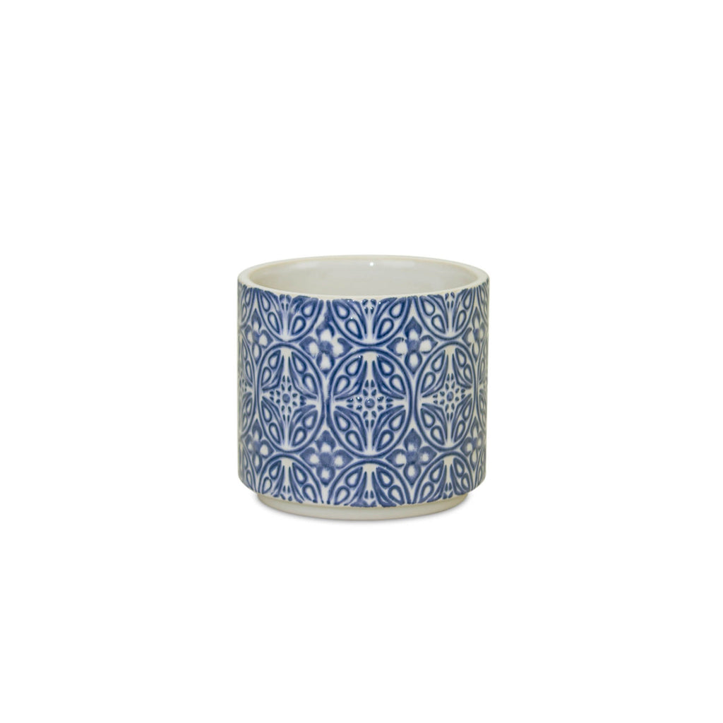 Set of 2 Blue and White Ornamental Ceramic Pots for Farmhouse Home Decor