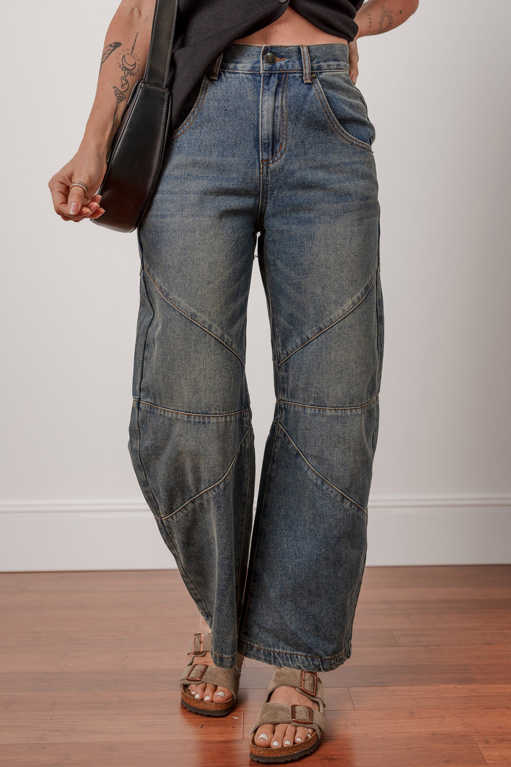 Sail Blue Exposed Stitching Loose Straight High Waist Barrel Jeans