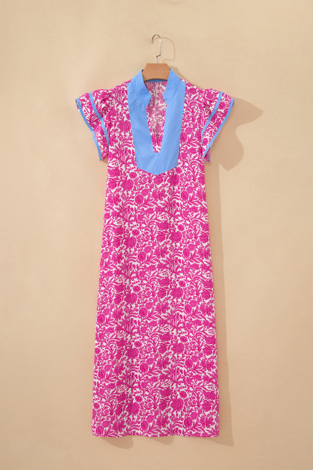 Pink Floral Print Color Block Patchwork V Neck Short Sleeve Midi Dress