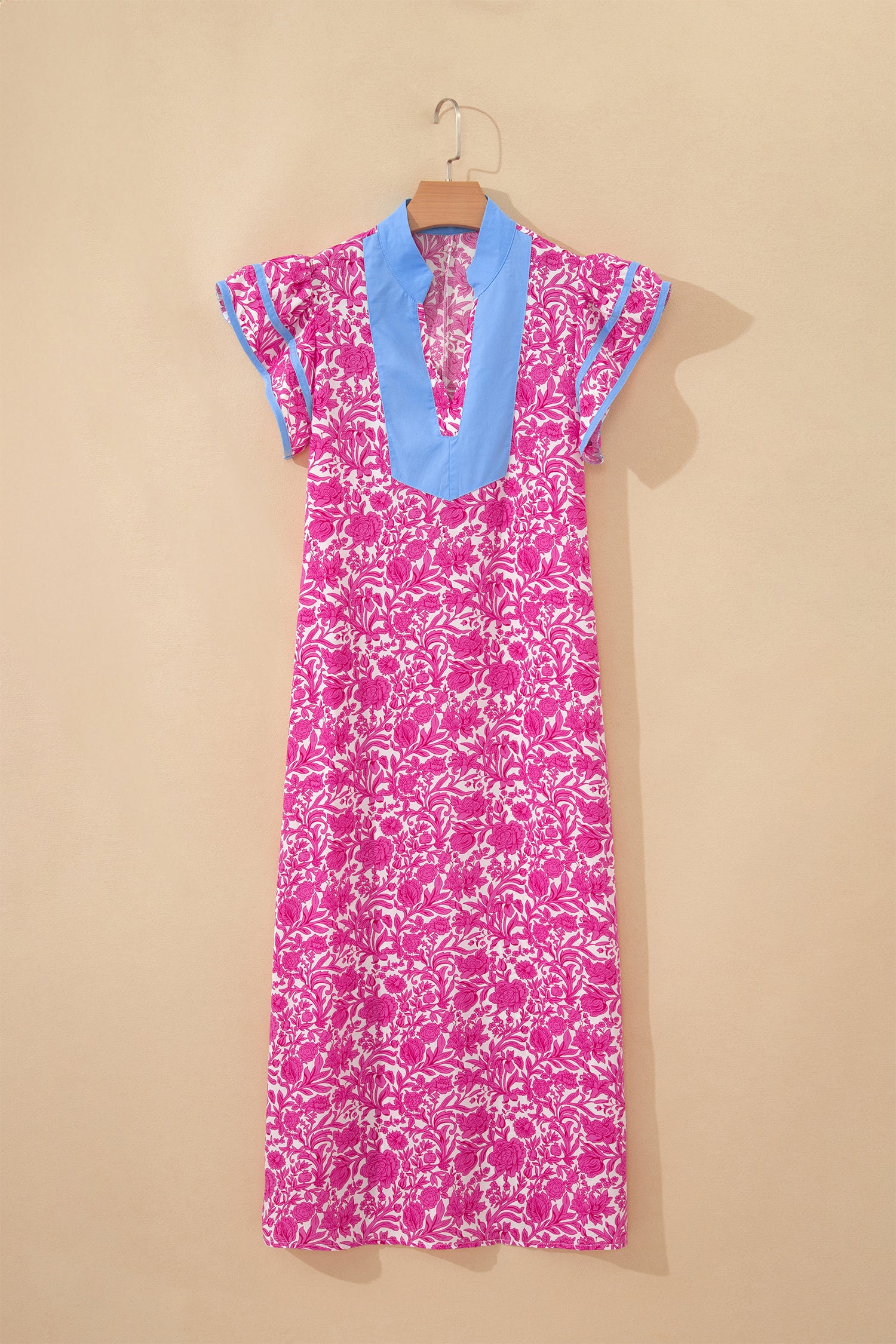 Pink Floral Print Color Block Patchwork V Neck Short Sleeve Midi Dress