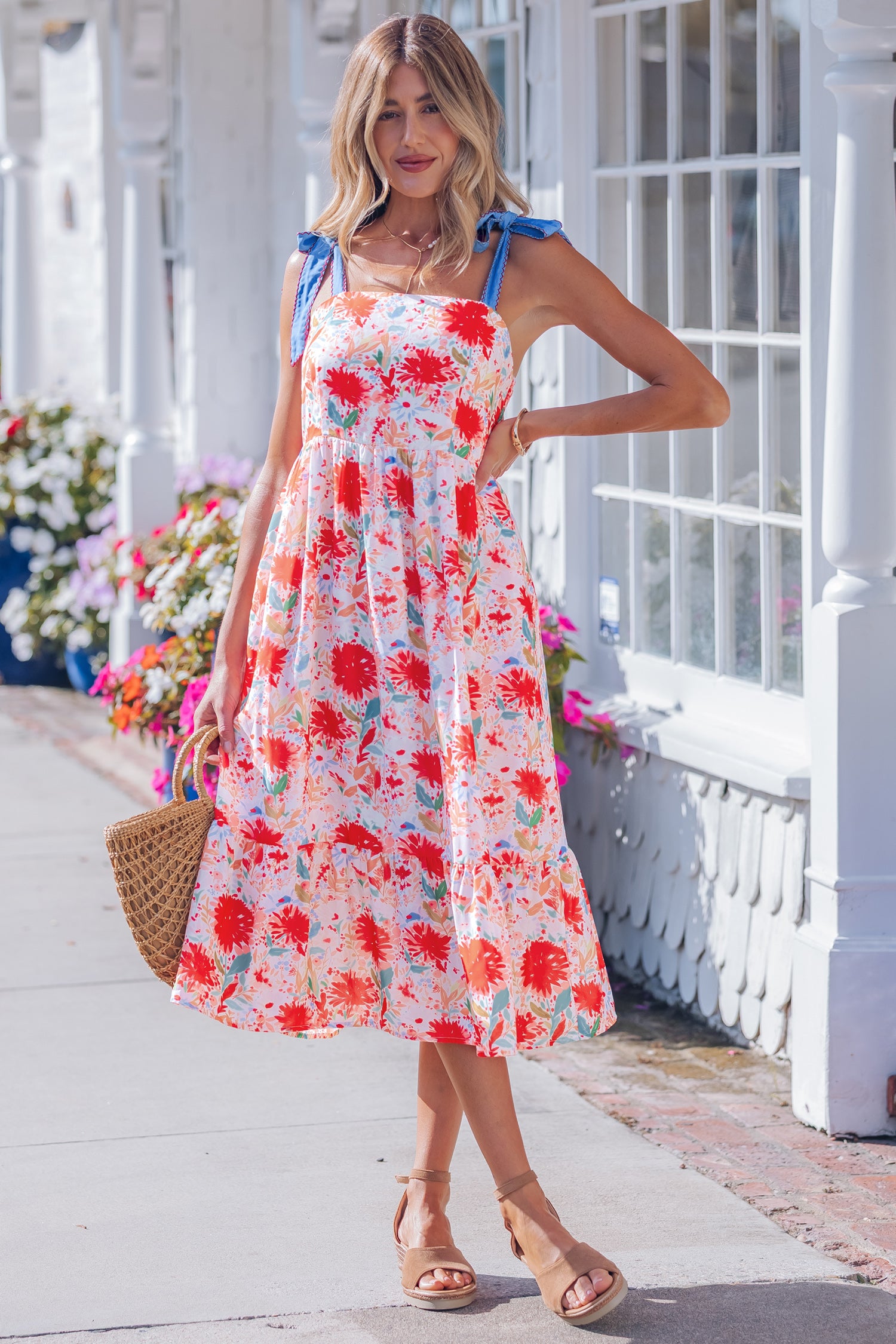 Red Floral Print Contrast Stitched Knot Denim Straps High Waist Dress