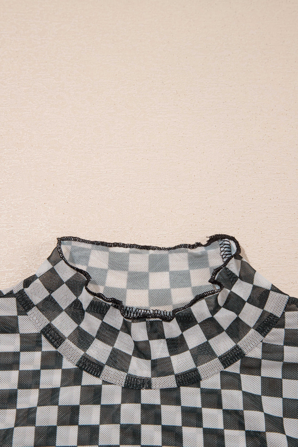 Black Plaid Stand Neck Long Sleeve Mesh Top