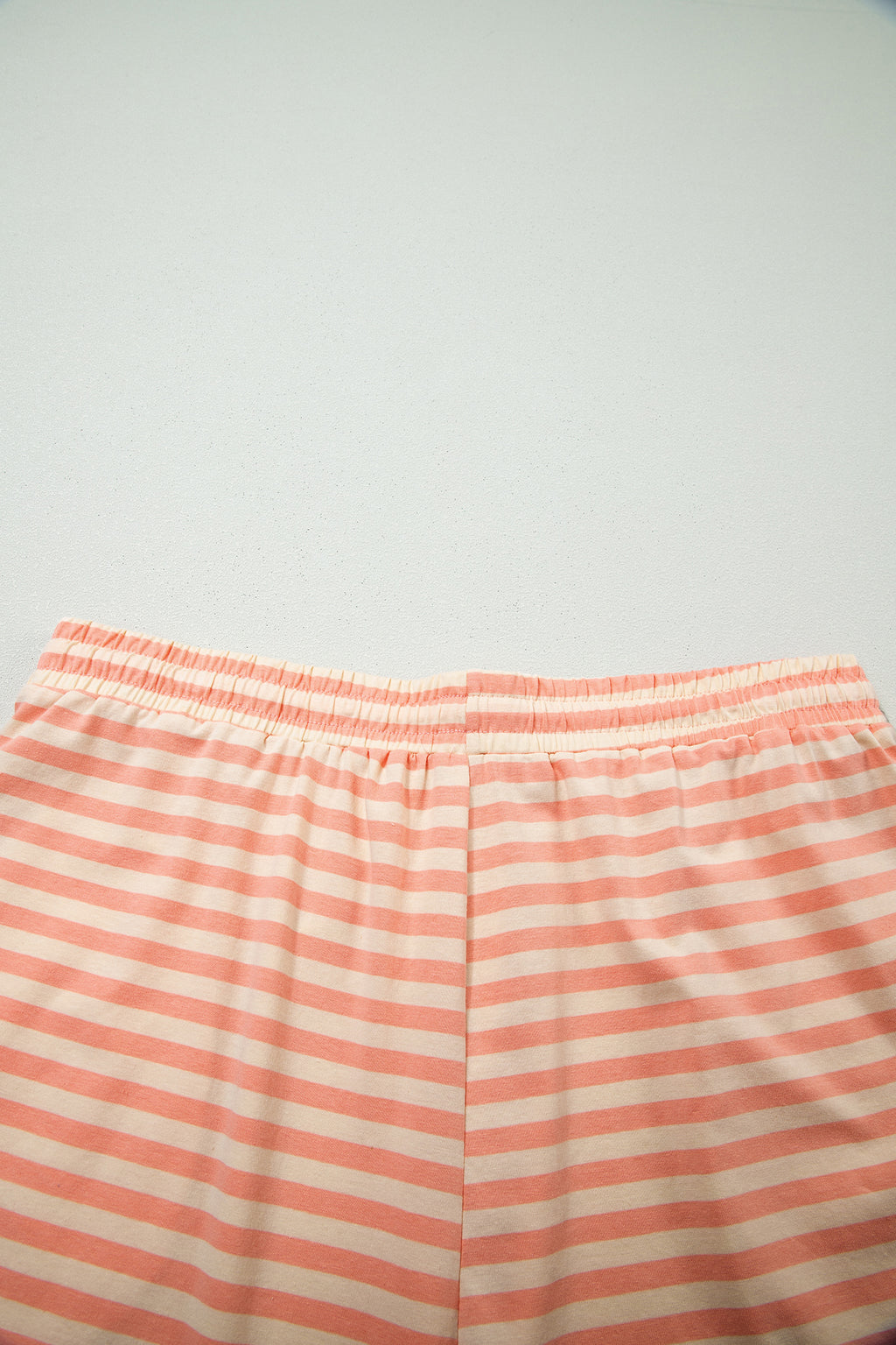 Pink Stripe Drop Shoulder T Shirt and Shorts Plus Size Summer Set