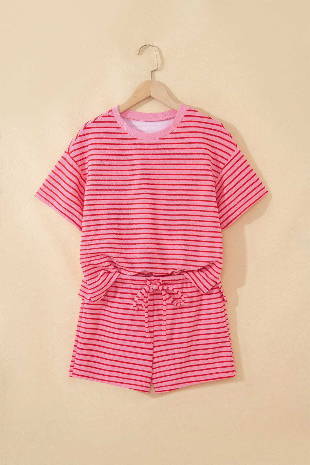 Rose Stripe Side Split Knit Tee Drawstring Shorts Set