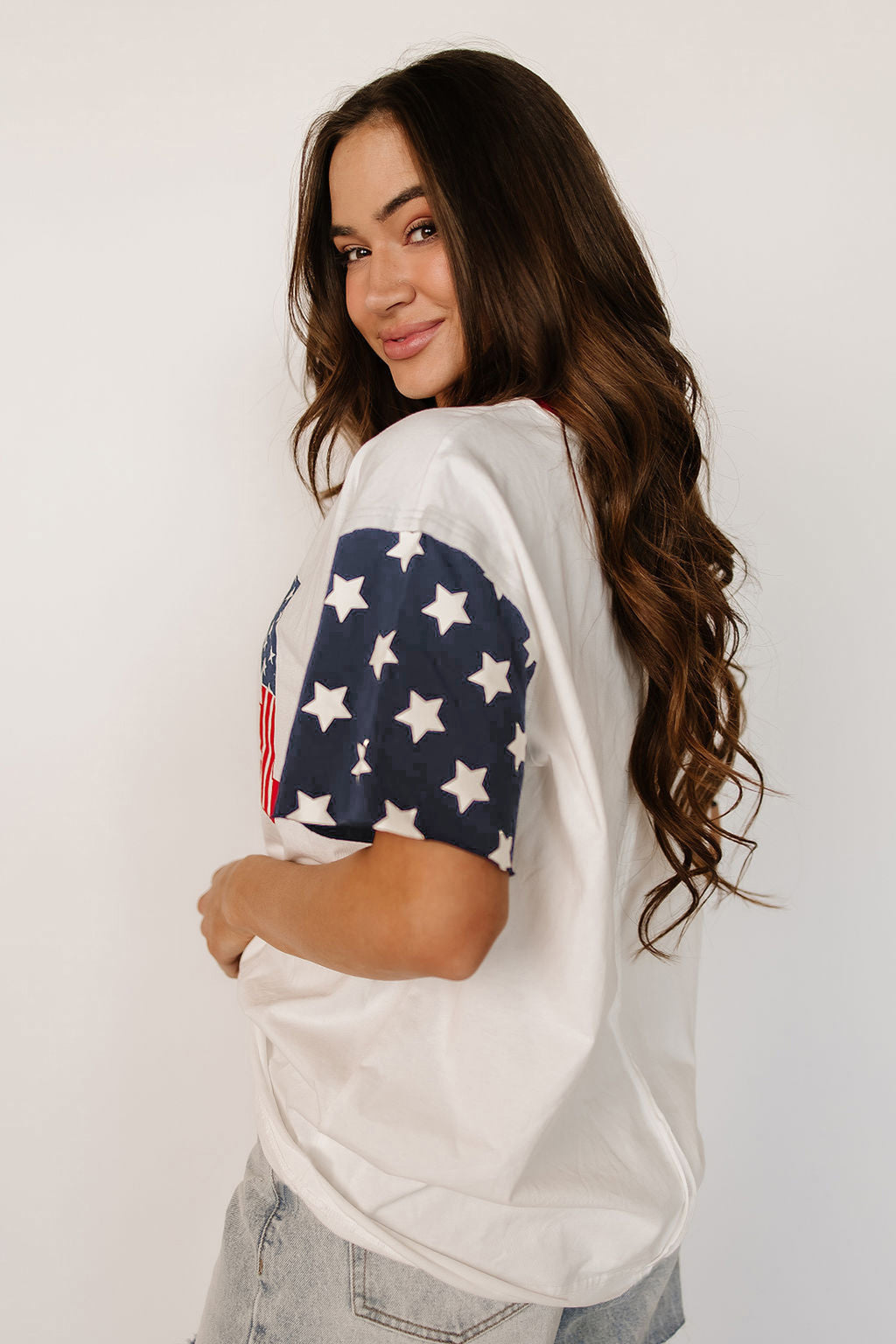 Jet Stream Flag Print USA Graphic Patchwork Casual Tee