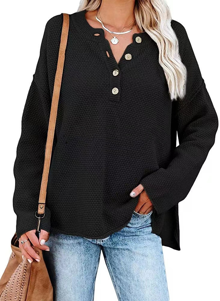 Pure Color Pullover Ladies Plus Size V-Neck Street Fashion Sweater