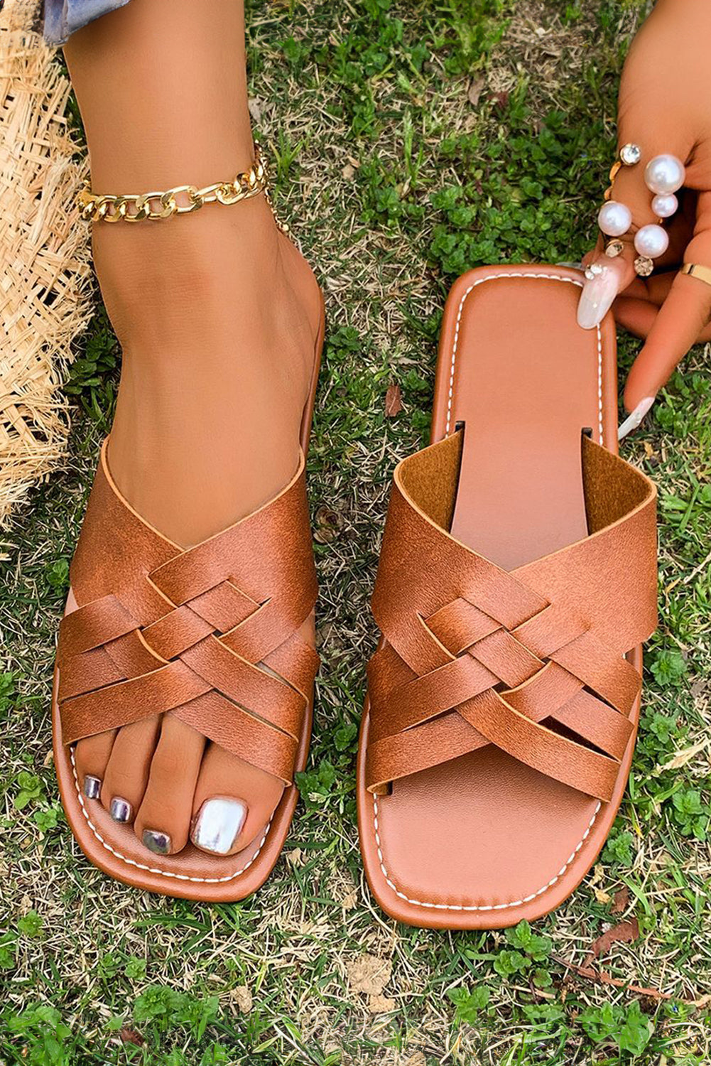 Coffee Crossed Woven Faux Leather Flat Fashion Slippers