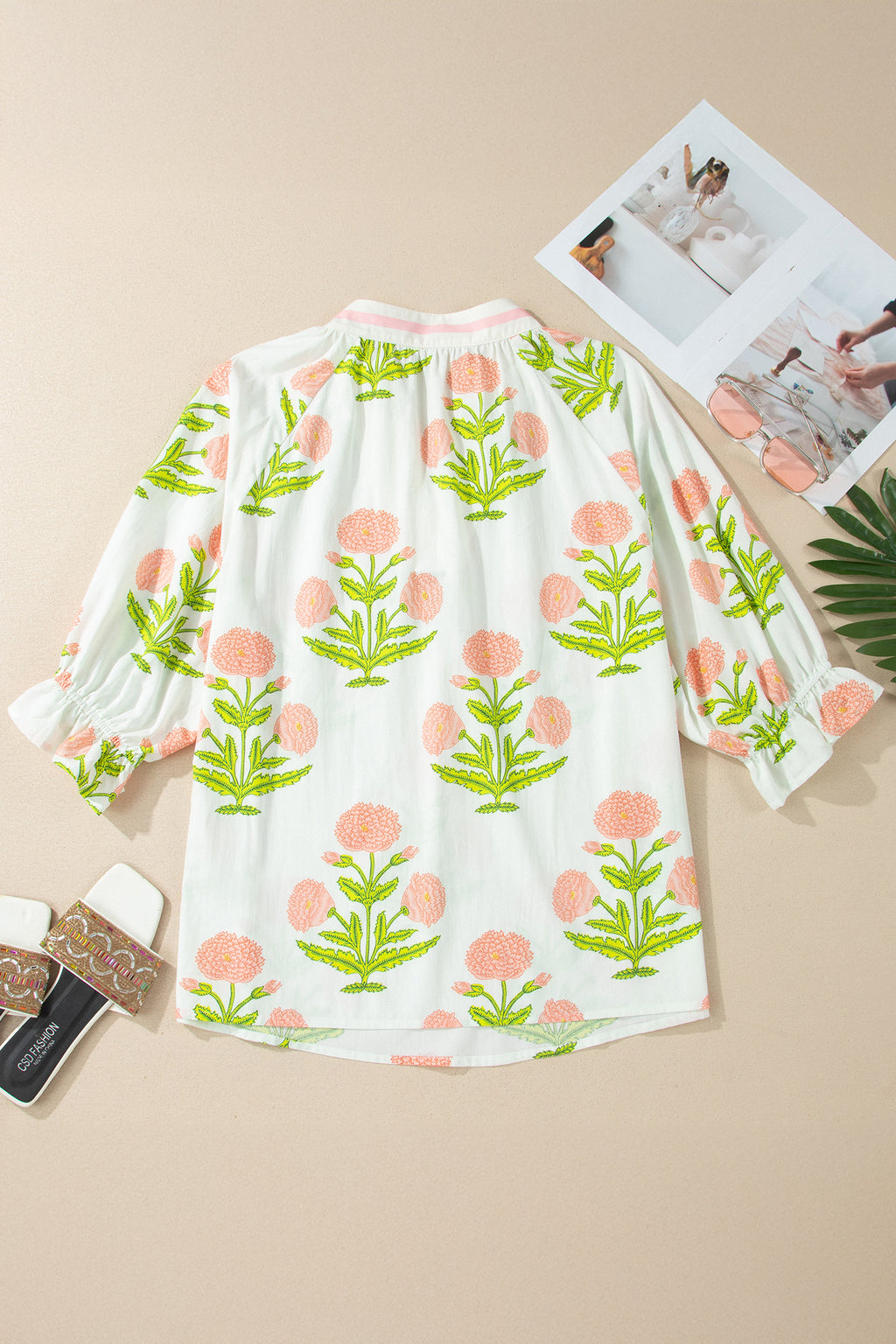 Pink Plus Size Floral Print Striped Trim V Neck Blouse