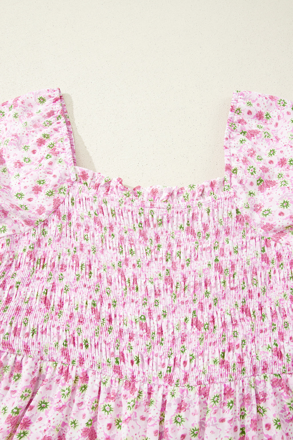 Pink Floral Short Bubble Sleeve Shirred High Waist Maxi Dress
