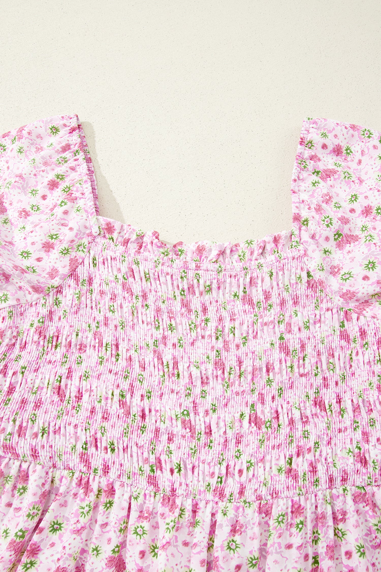 Pink Floral Short Bubble Sleeve Shirred High Waist Maxi Dress