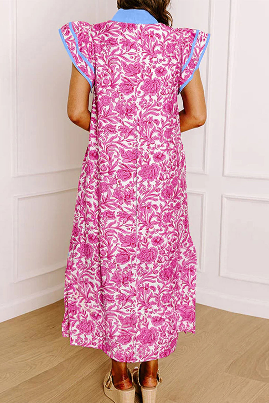 Pink Floral Print Color Block Patchwork V Neck Short Sleeve Midi Dress