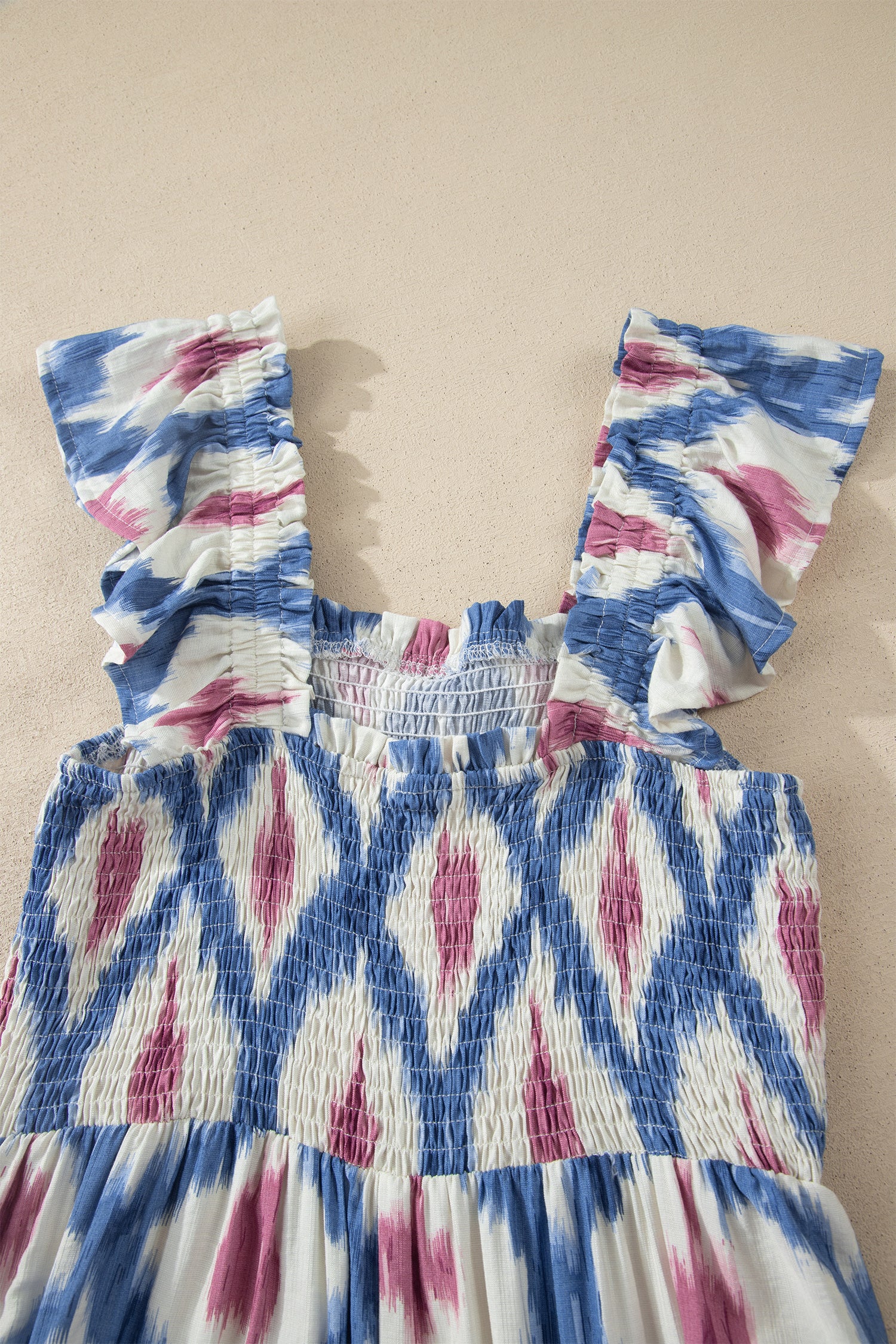 Sky Blue Ethnic Geometric Print Square Neck Smocked High Waist Ruffle Sleeve Dress