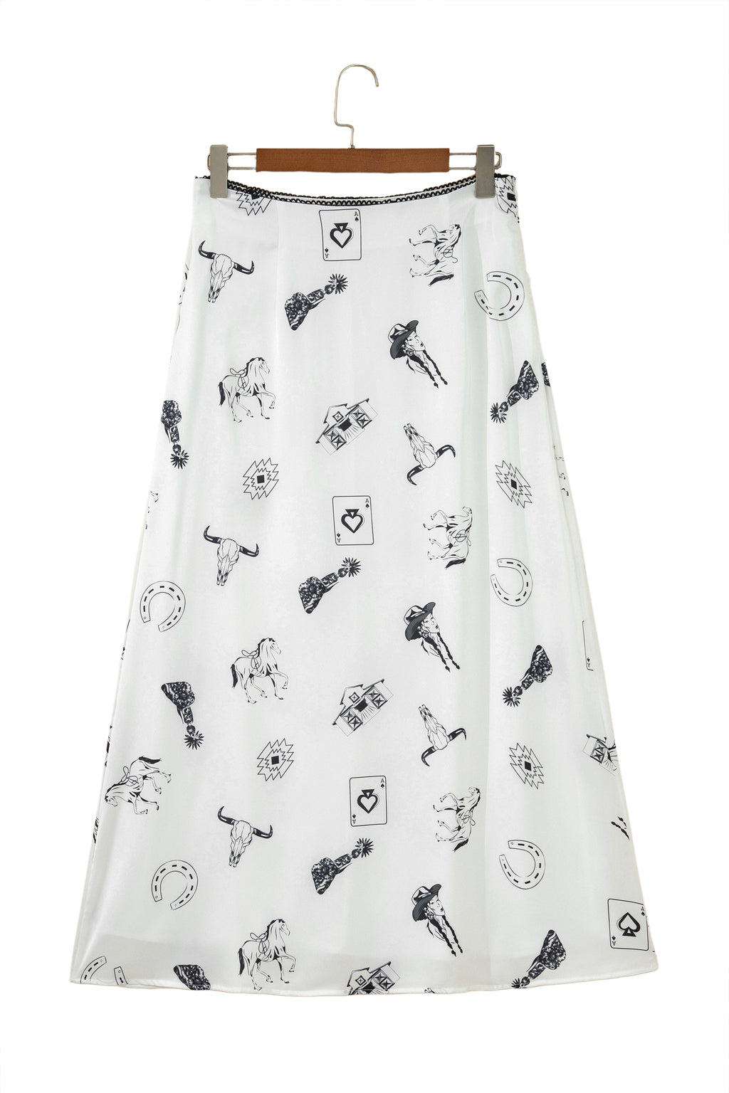 White Western Print Satin Long Skirt