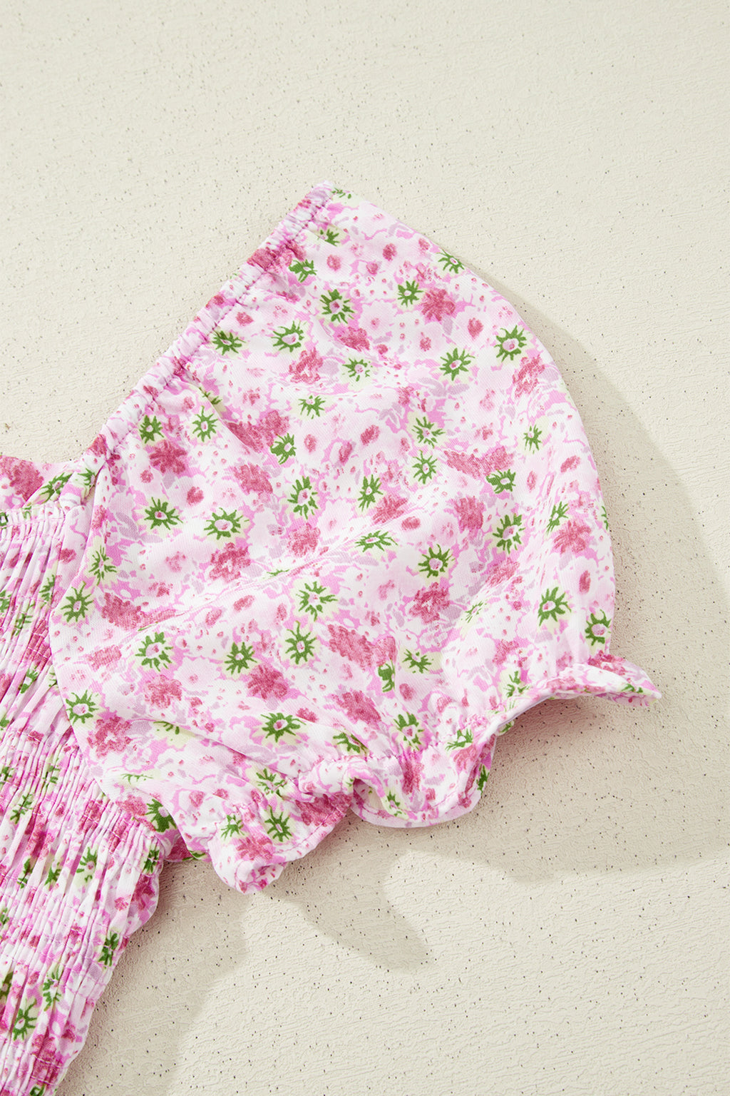Pink Floral Short Bubble Sleeve Shirred High Waist Maxi Dress