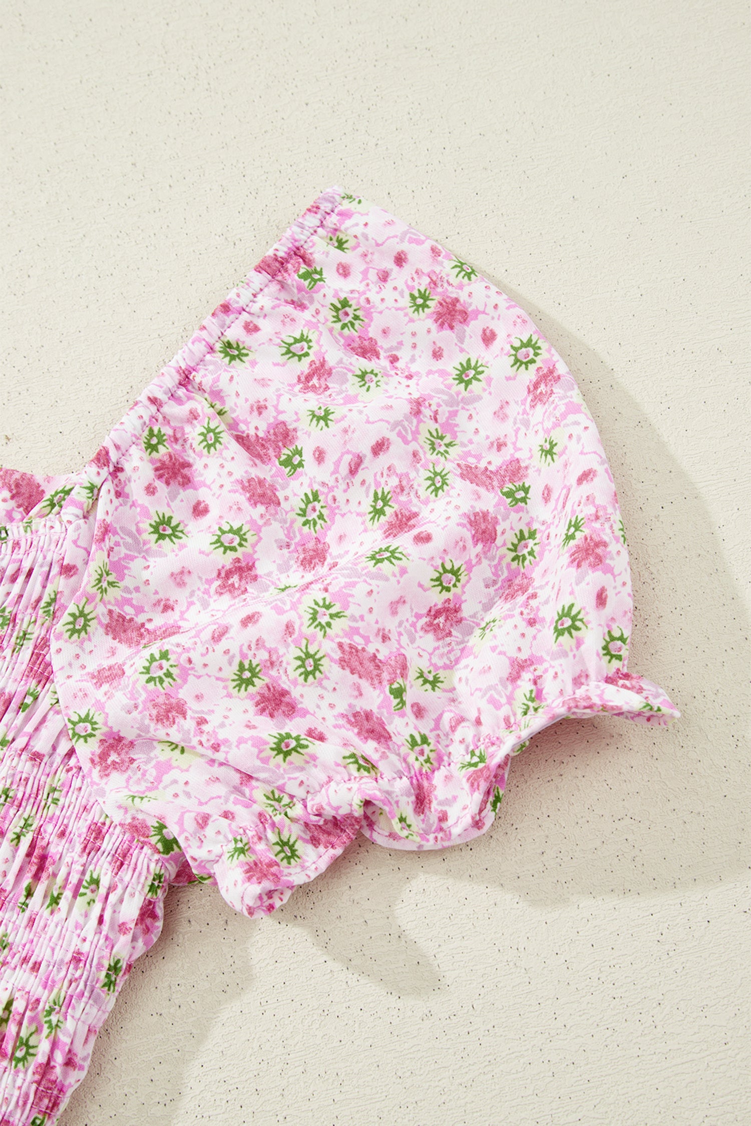 Pink Floral Short Bubble Sleeve Shirred High Waist Maxi Dress
