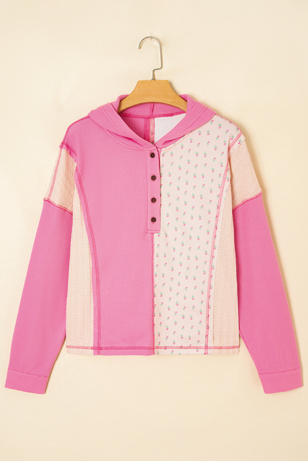 Pink Mixed Texture Waffle Floral Patchwork Hooded Oversize Pullover