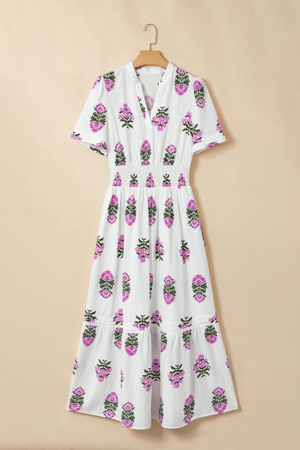 White Floral Print Split Neck Shirred High Waist Ruffle Hem Maxi Dress