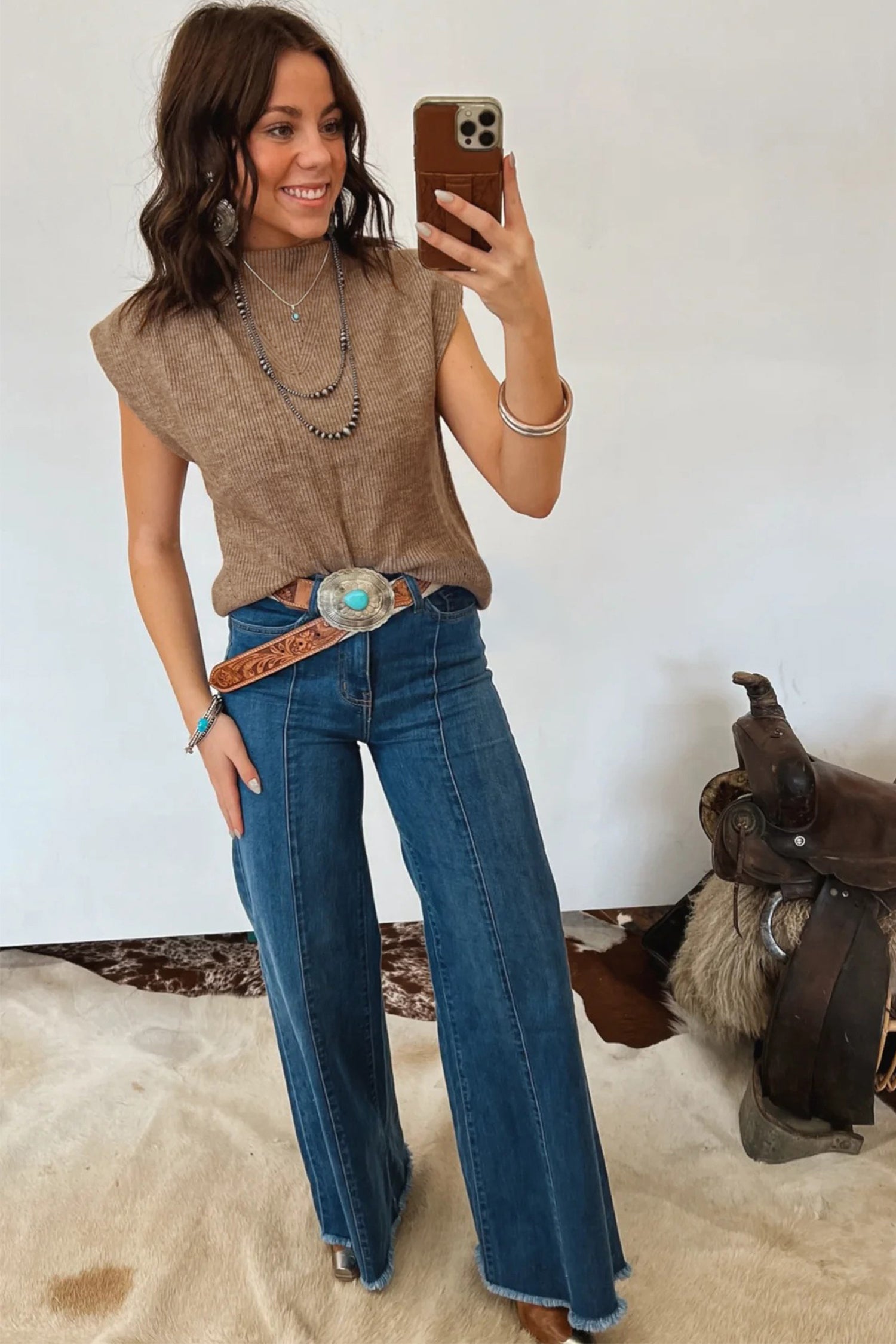 Light French Beige Solid Color Ribbed Knit Mock Neck Loose Sleeveless Sweater