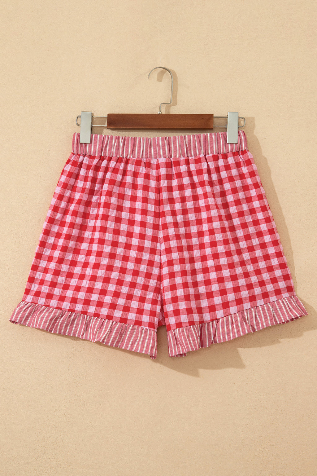 Red Gingham Print Ruffle Striped Detail Lace Tie Shorts