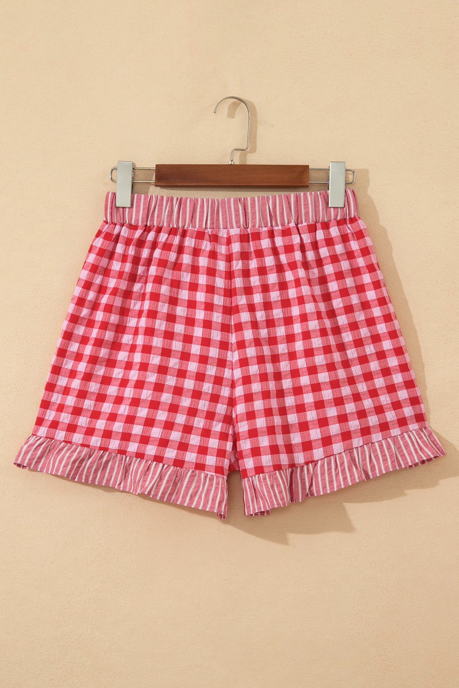 Red Gingham Print Ruffle Striped Detail Lace Tie Shorts
