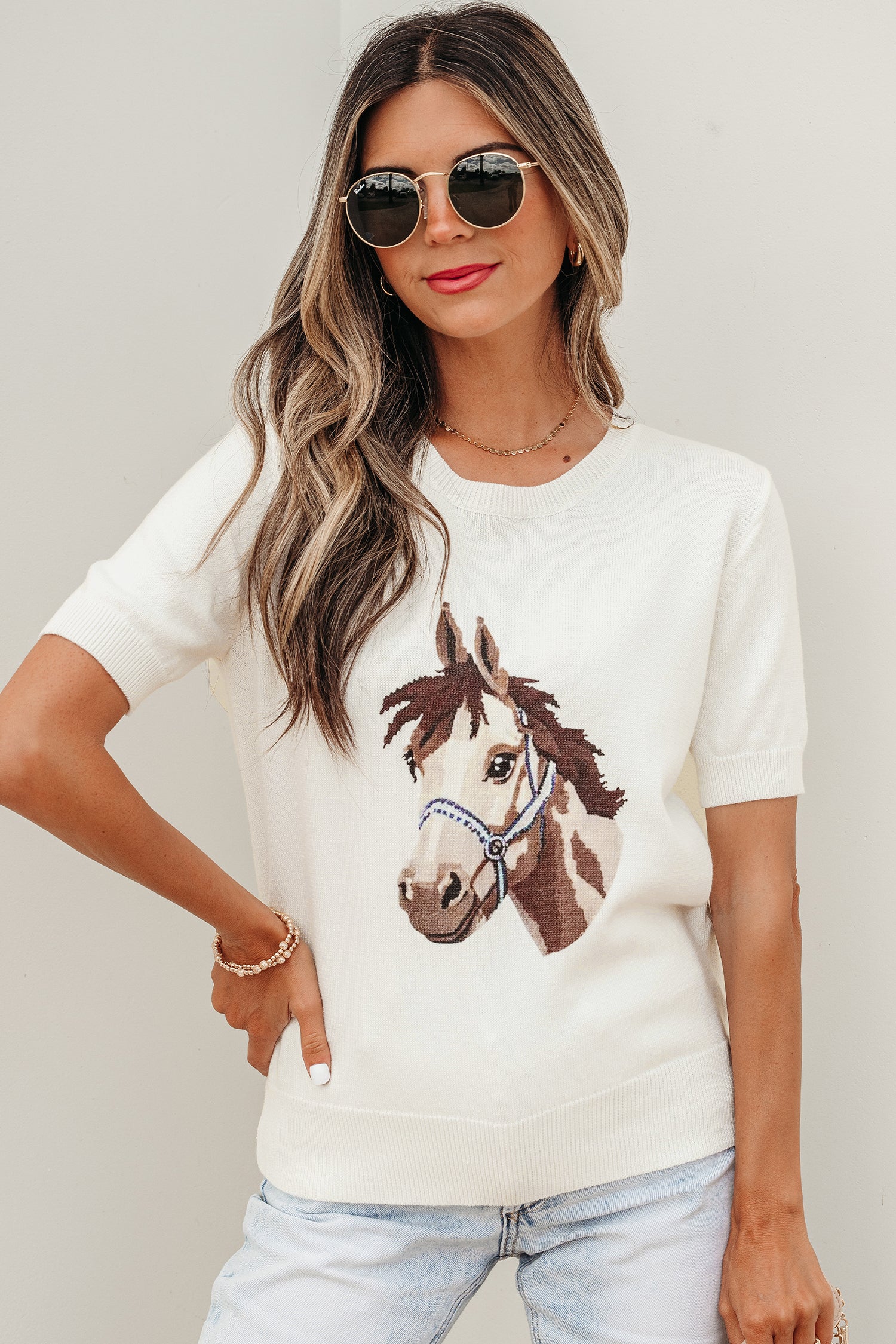 White Wild West Horse Head Printed Short Sleeve Sweater