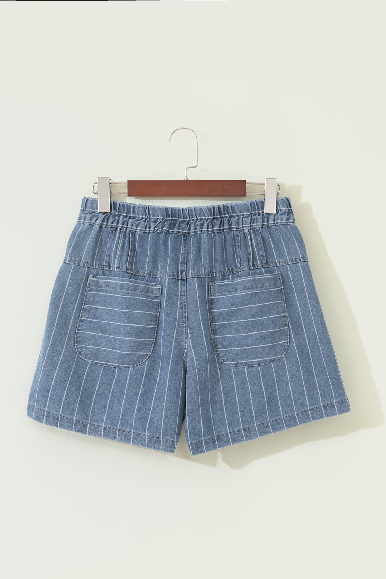 Sky Blue Stripe Drawstring Button Pleated High Waist Denim Shorts