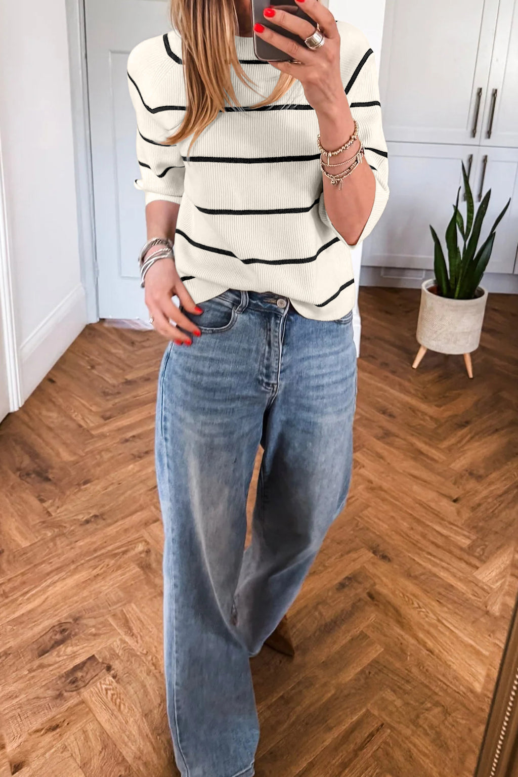 White Stripe Ribbed Knit Half Sleeve Loose Sweater Tee