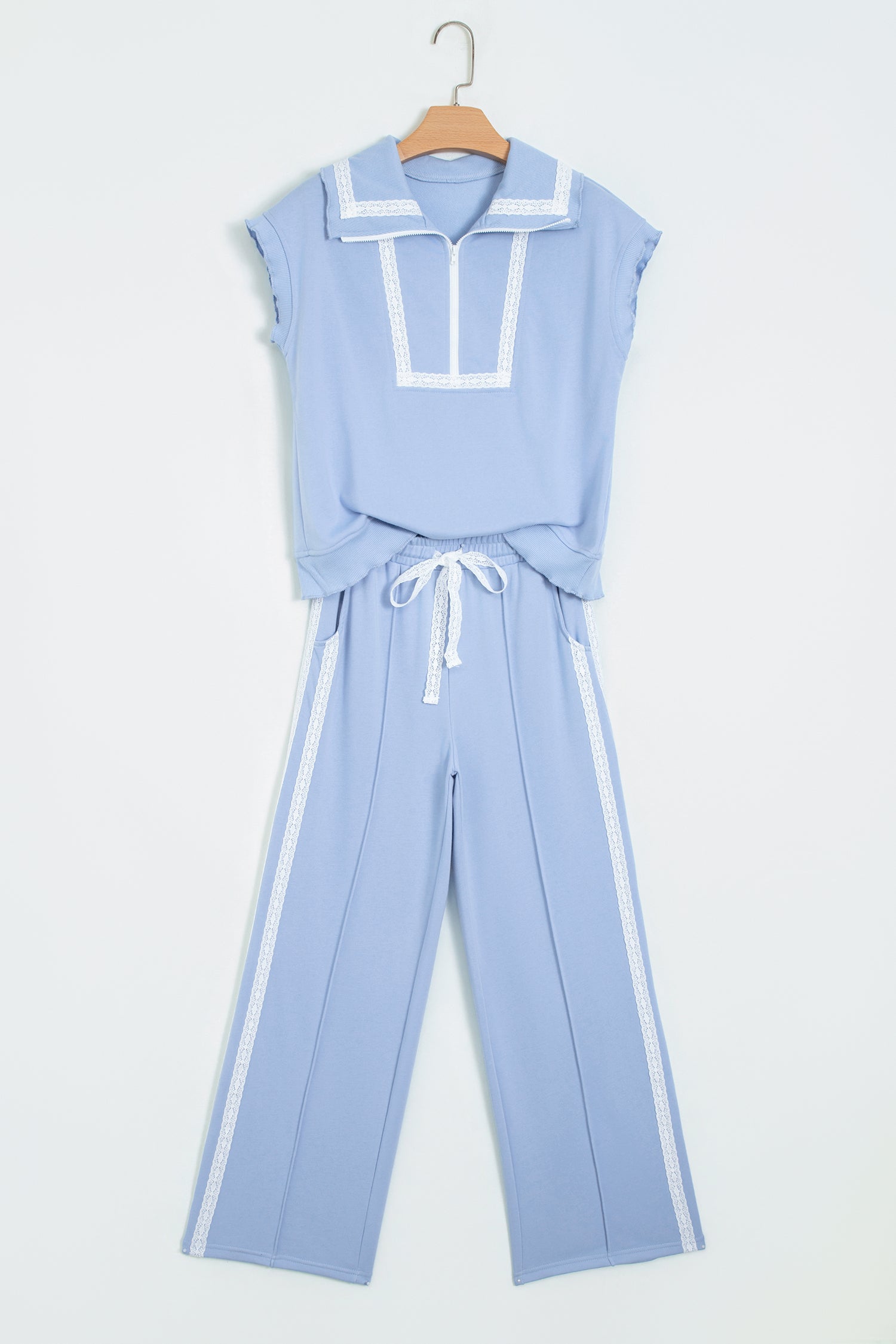 Sky Blue Lace Accent Zipped Collar Short Sleeve Top Sweatpants Set