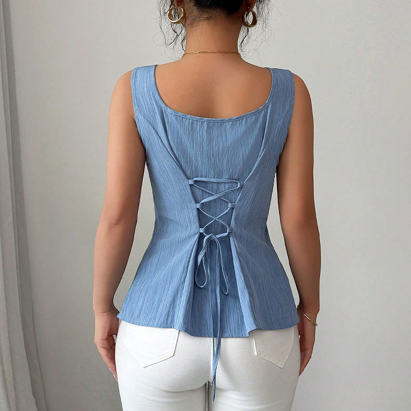 European And American Sleeveless Sling Drawstring Top Women's Clothing
