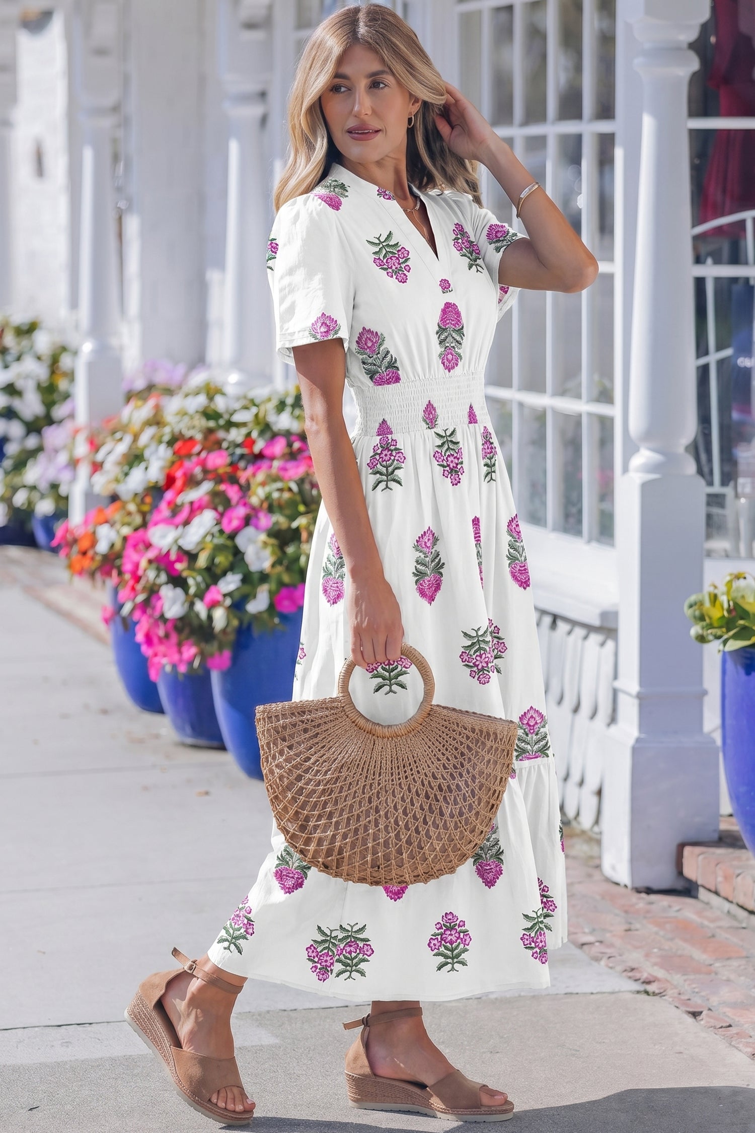 White Floral Print Split Neck Shirred High Waist Ruffle Hem Maxi Dress