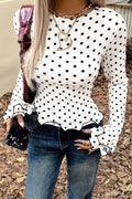 Black Polka Dot Print Lettuce Trim Long Sleeve Top