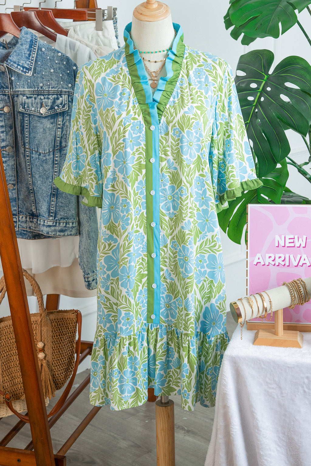 Sky Blue Botanical Floral Print Frilled Trim V Neck Button Front Loose Dress