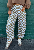 White Checkered Print Denim Barrel Pants