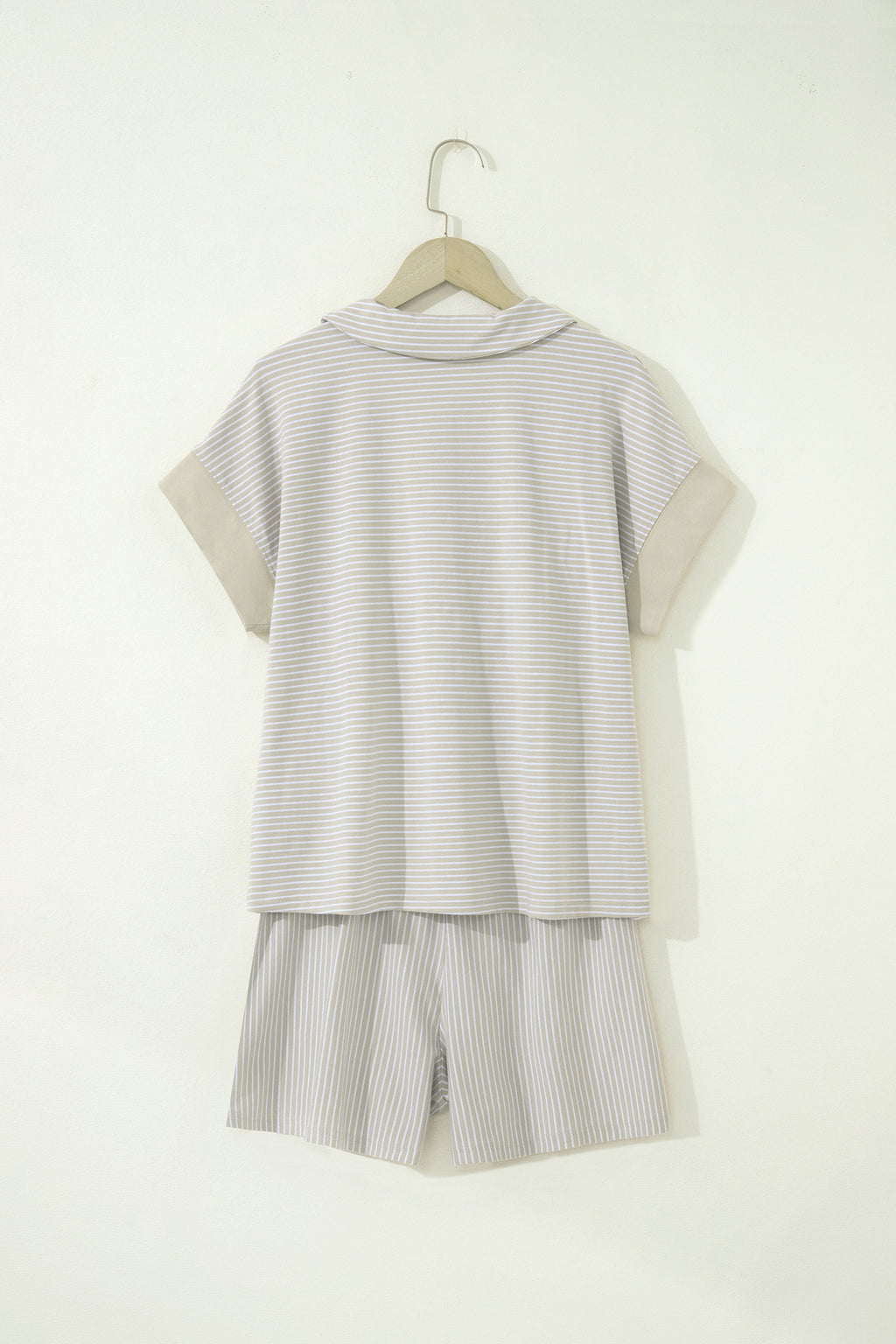 Khaki Stripe Dolman Sleeve Polo Shirt and Drawstring Shorts Set