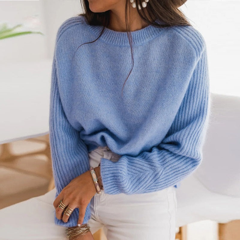 European Blue Bedford Cord Sweater Women's Round-Collar Long-Sleeve Knitwear Casual Women's Clothing Fashion Knit Top Outerwear