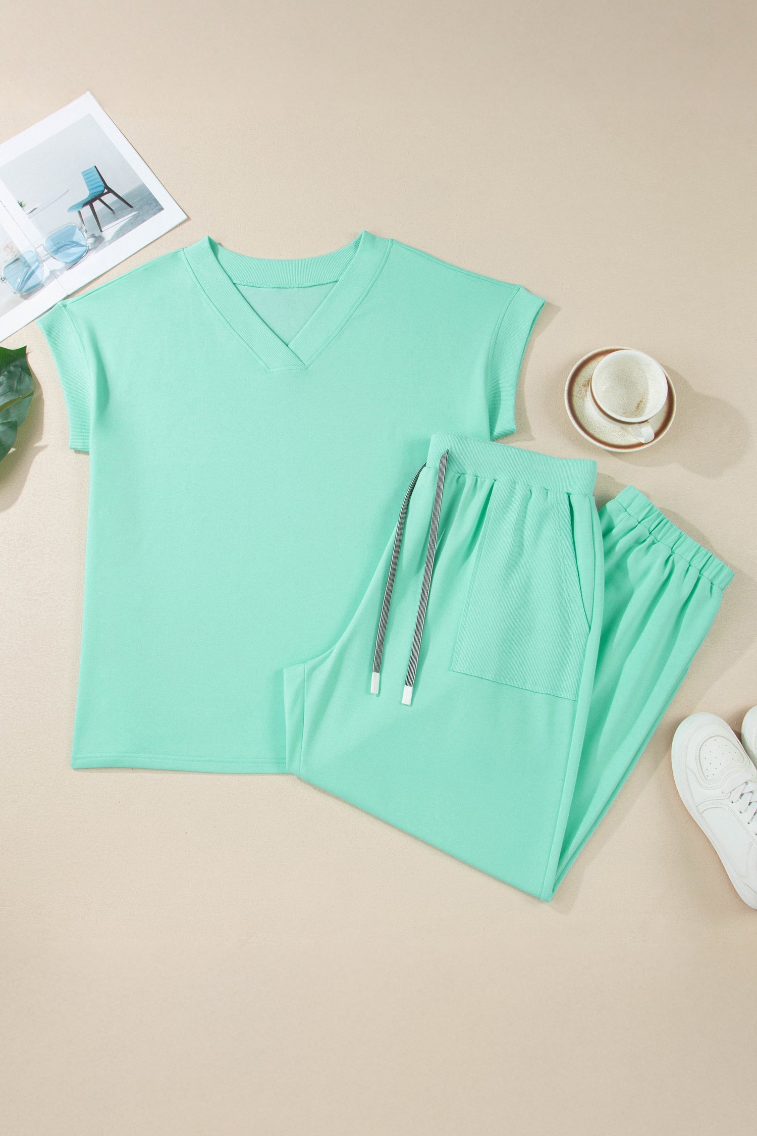 Mint Green Solid V-Neck Tee and Drawstring Plus Size Pants Set