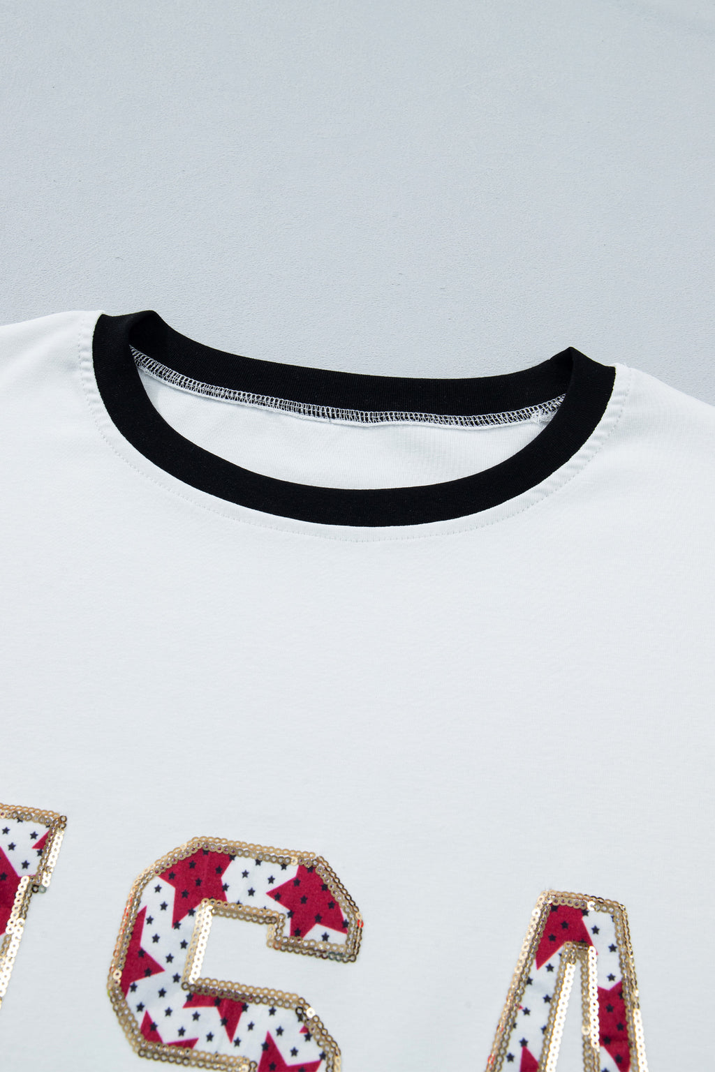 White USA Sequin Color Block Trim Loose T Shirt